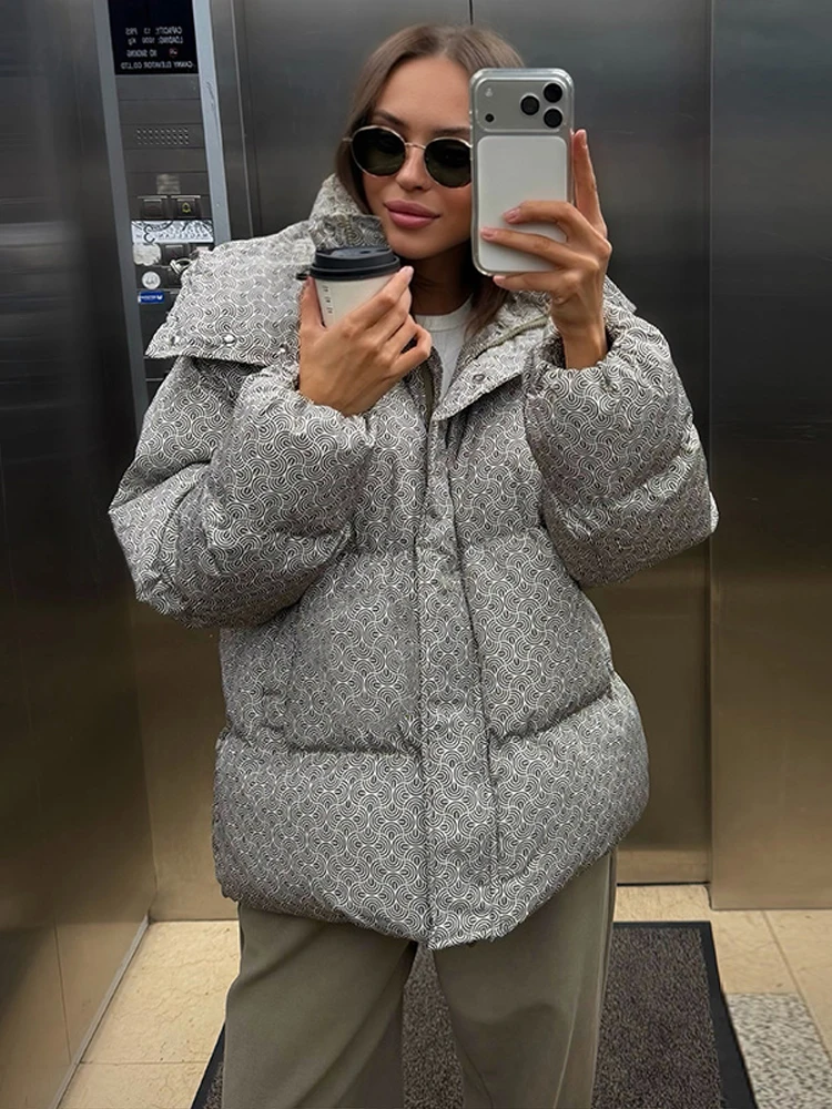 Printed Padded Coats For Women Hooded Jackets Trendy Casual Outerwear Winter Warmed Tops Waist-Cinching Woman Fashion Clothes