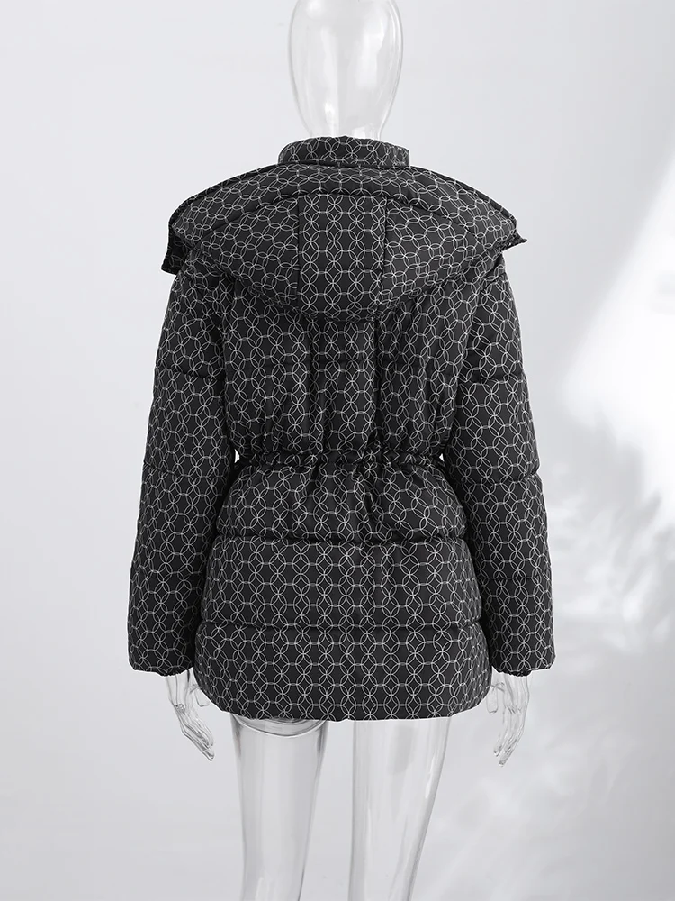 Printed Padded Coats For Women Hooded Jackets Trendy Casual Outerwear Winter Warmed Tops Waist-Cinching Woman Fashion Clothes