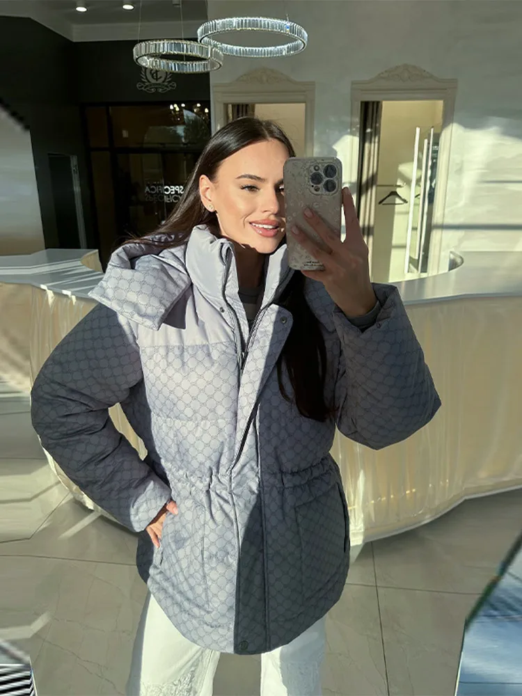 Printed Padded Coats For Women Hooded Jackets Trendy Casual Outerwear Winter Warmed Tops Waist-Cinching Woman Fashion Clothes