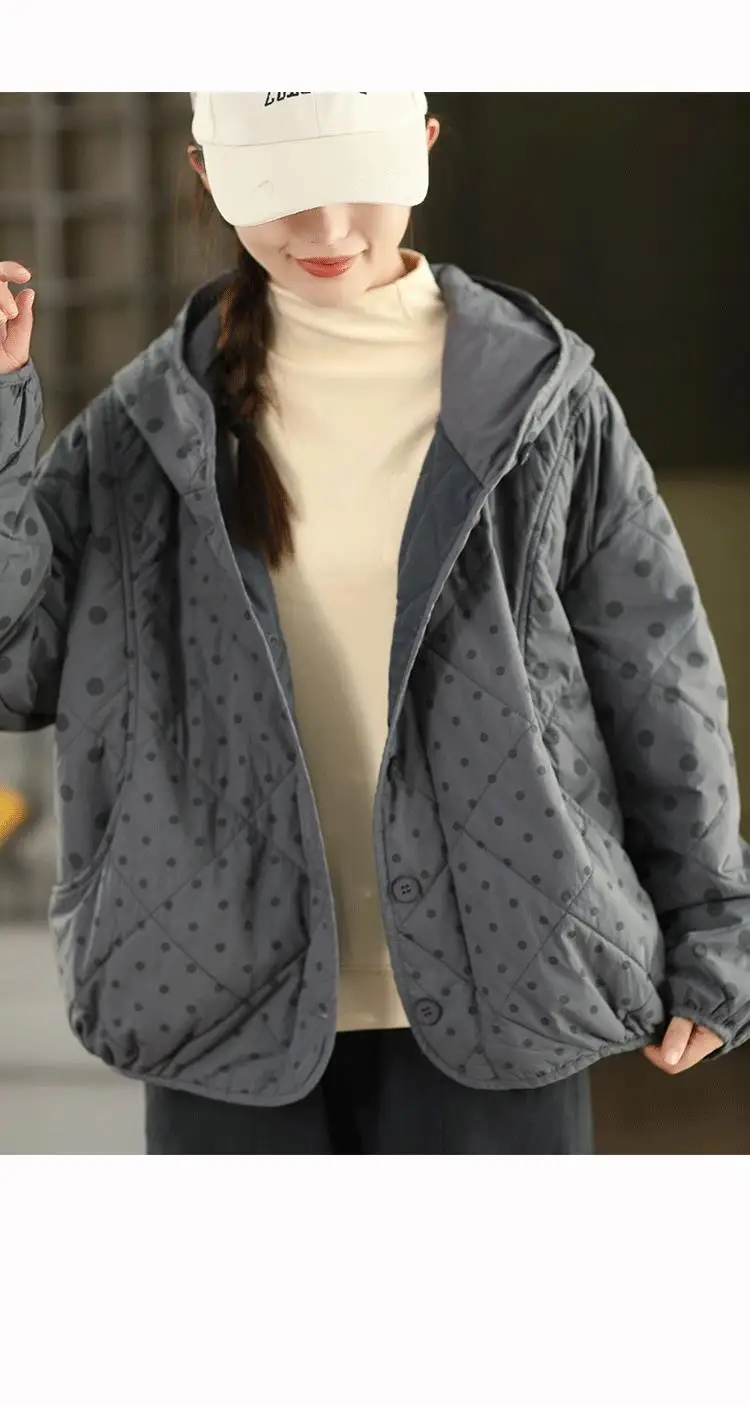 Johnature Women Vintage Hooded Button Parkas Warm Polka Dot 2025 Winter New Loose Casual Soft Female Pockets Thick Parkas