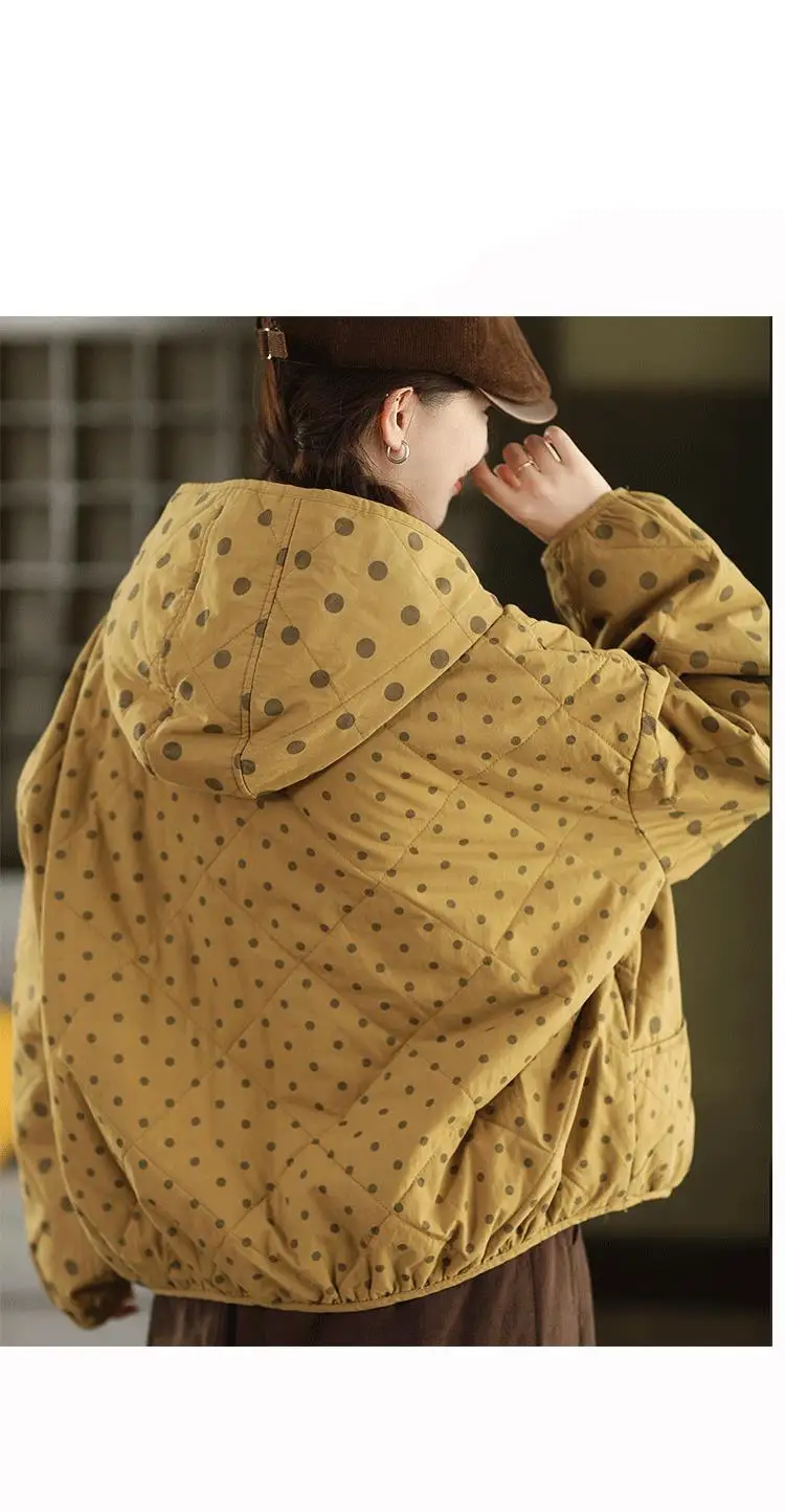Johnature Women Vintage Hooded Button Parkas Warm Polka Dot 2025 Winter New Loose Casual Soft Female Pockets Thick Parkas