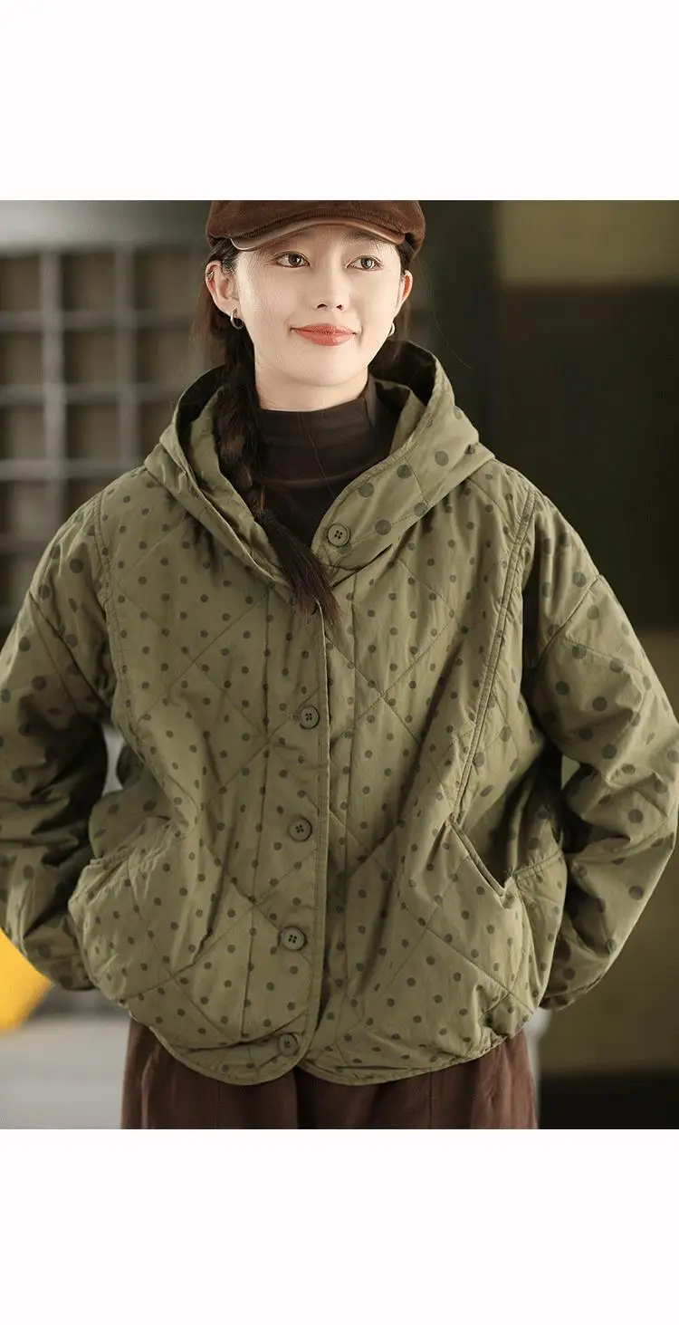 Johnature Women Vintage Hooded Button Parkas Warm Polka Dot 2025 Winter New Loose Casual Soft Female Pockets Thick Parkas