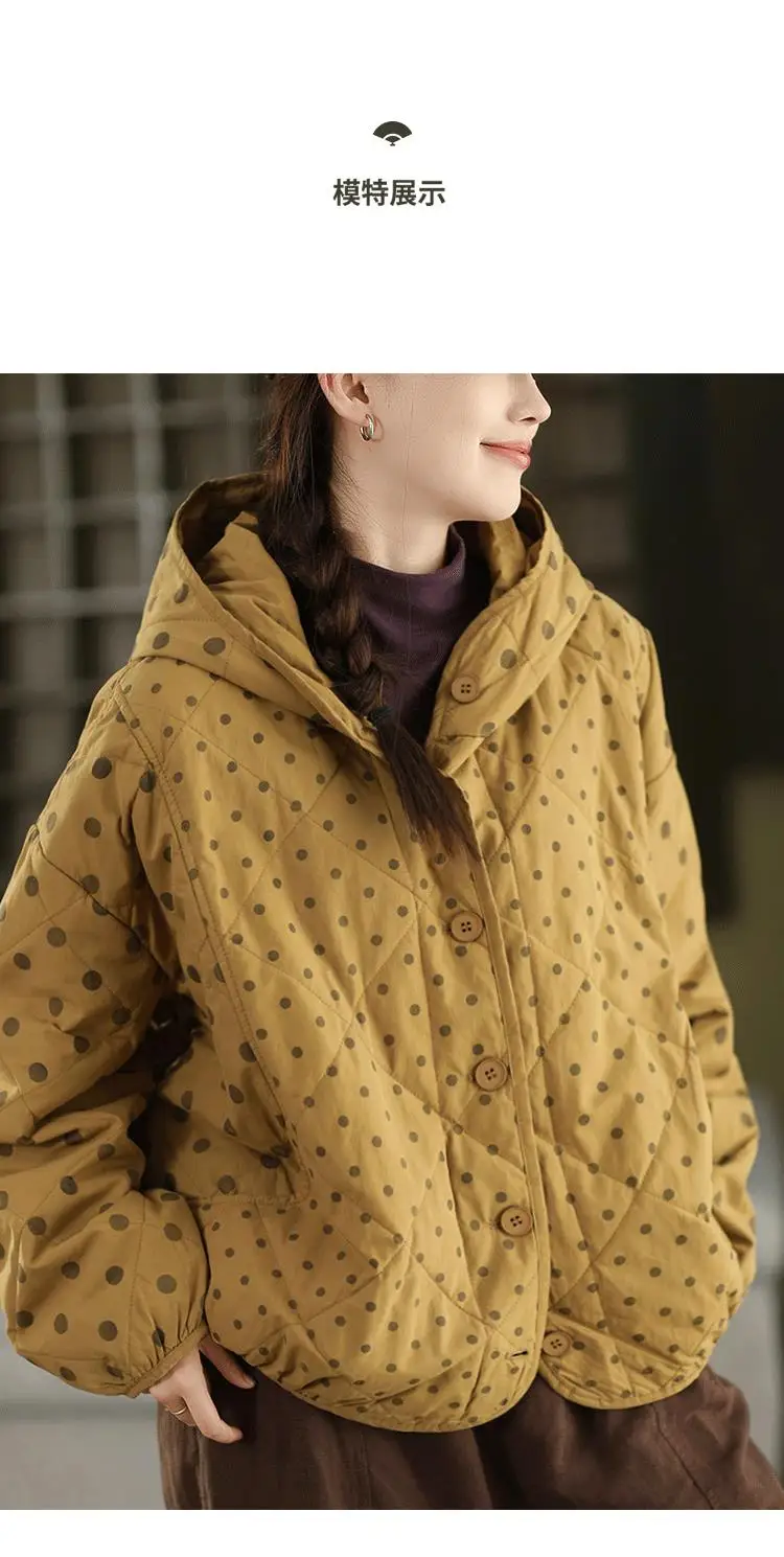 Johnature Women Vintage Hooded Button Parkas Warm Polka Dot 2025 Winter New Loose Casual Soft Female Pockets Thick Parkas