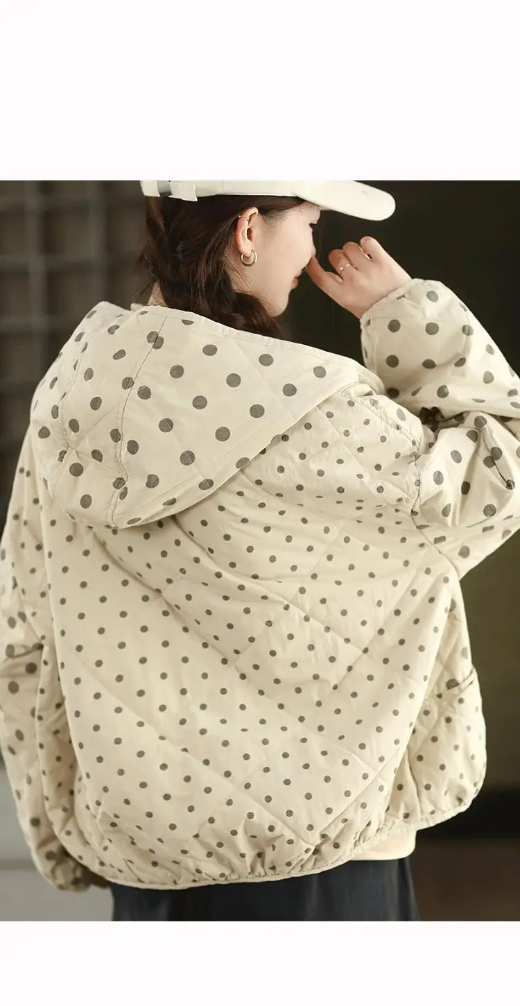 Johnature Women Vintage Hooded Button Parkas Warm Polka Dot 2025 Winter New Loose Casual Soft Female Pockets Thick Parkas