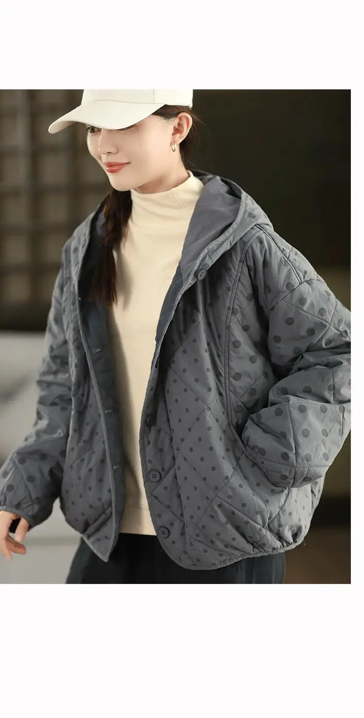 Johnature Women Vintage Hooded Button Parkas Warm Polka Dot 2025 Winter New Loose Casual Soft Female Pockets Thick Parkas