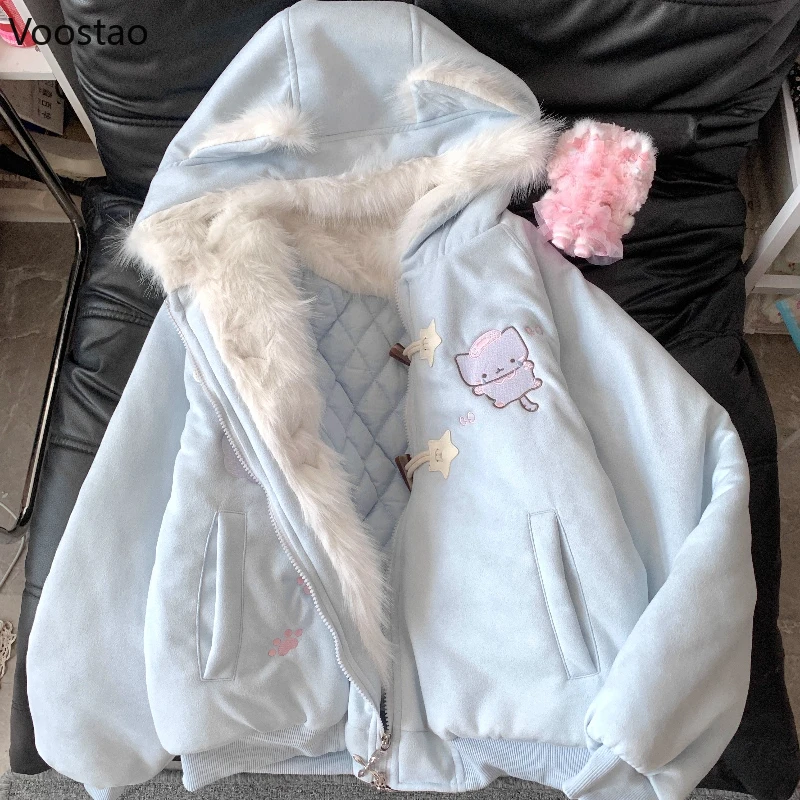 Japanese Kawaii Lolita Style Parkas Women Sweet Cartoon Cat Embroidery Casual Hooded Coat Girls Y2k Aesthetic Warm Plush Jacket