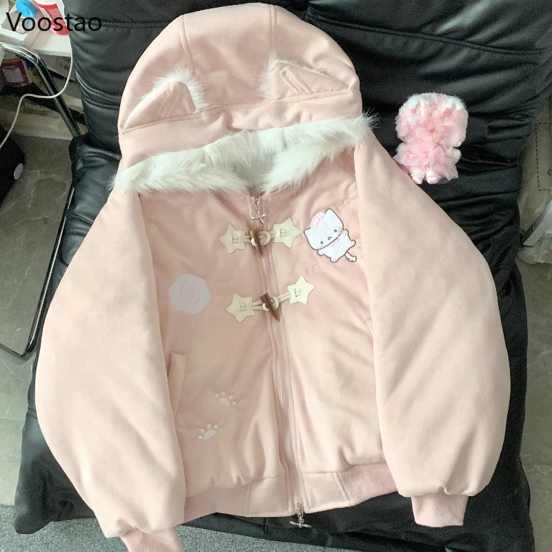 Japanese Kawaii Lolita Style Parkas Women Sweet Cartoon Cat Embroidery Casual Hooded Coat Girls Y2k Aesthetic Warm Plush Jacket