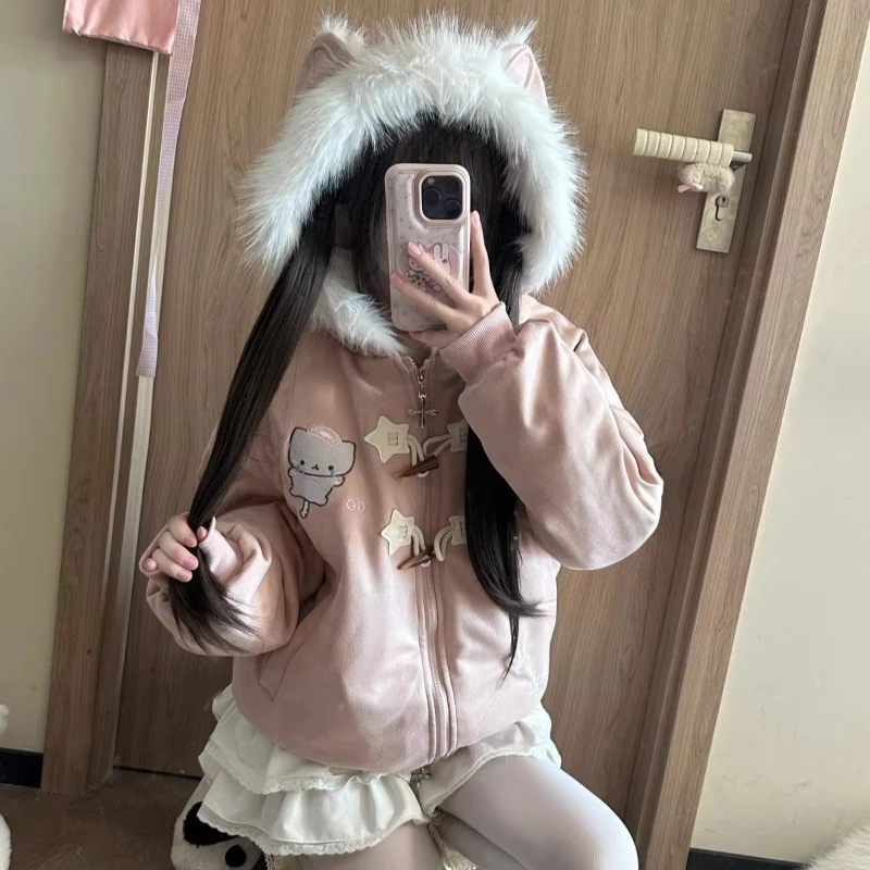 Japanese Kawaii Lolita Style Parkas Women Sweet Cartoon Cat Embroidery Casual Hooded Coat Girls Y2k Aesthetic Warm Plush Jacket