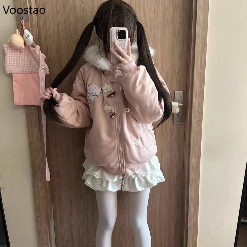 Japanese Kawaii Lolita Style Parkas Women Sweet Cartoon Cat Embroidery Casual Hooded Coat Girls Y2k Aesthetic Warm Plush Jacket