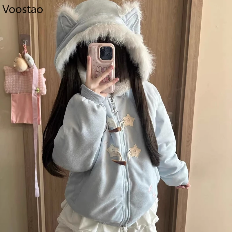 Japanese Kawaii Lolita Style Parkas Women Sweet Cartoon Cat Embroidery Casual Hooded Coat Girls Y2k Aesthetic Warm Plush Jacket