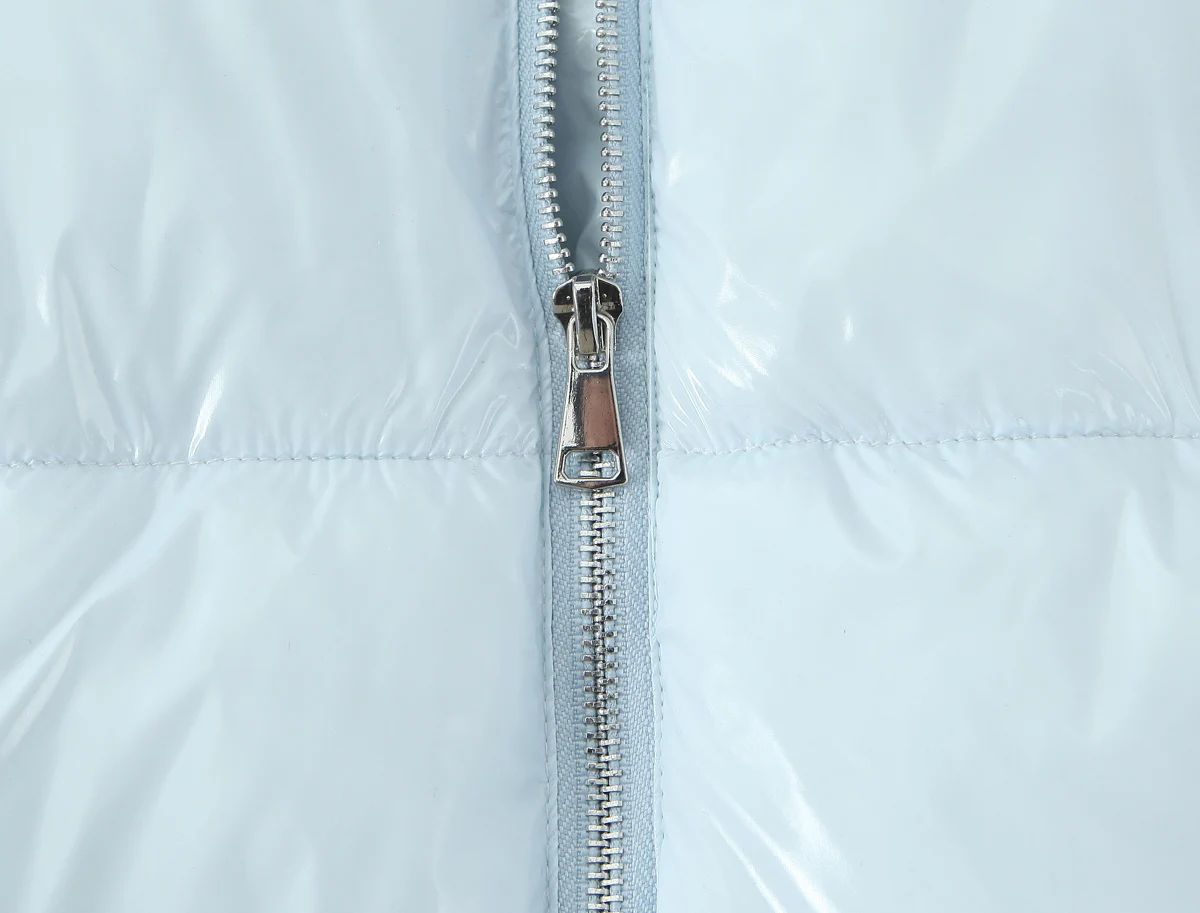 New Winter Fashion Women Bright Light Blue Zipper Up Bread Parka Coat Woman Stand Collar Removable Hooded Long Sleeve Outerwear