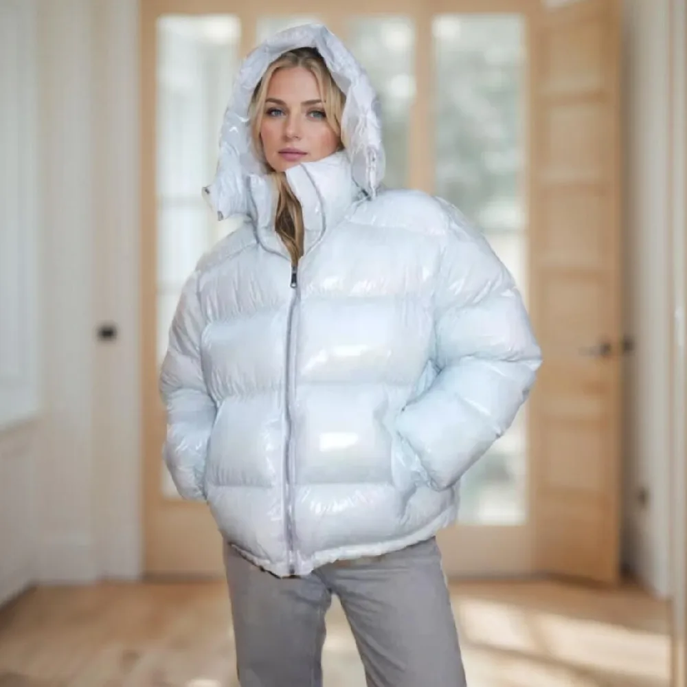 New Winter Fashion Women Bright Light Blue Zipper Up Bread Parka Coat Woman Stand Collar Removable Hooded Long Sleeve Outerwear