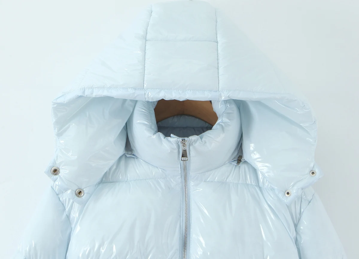 New Winter Fashion Women Bright Light Blue Zipper Up Bread Parka Coat Woman Stand Collar Removable Hooded Long Sleeve Outerwear