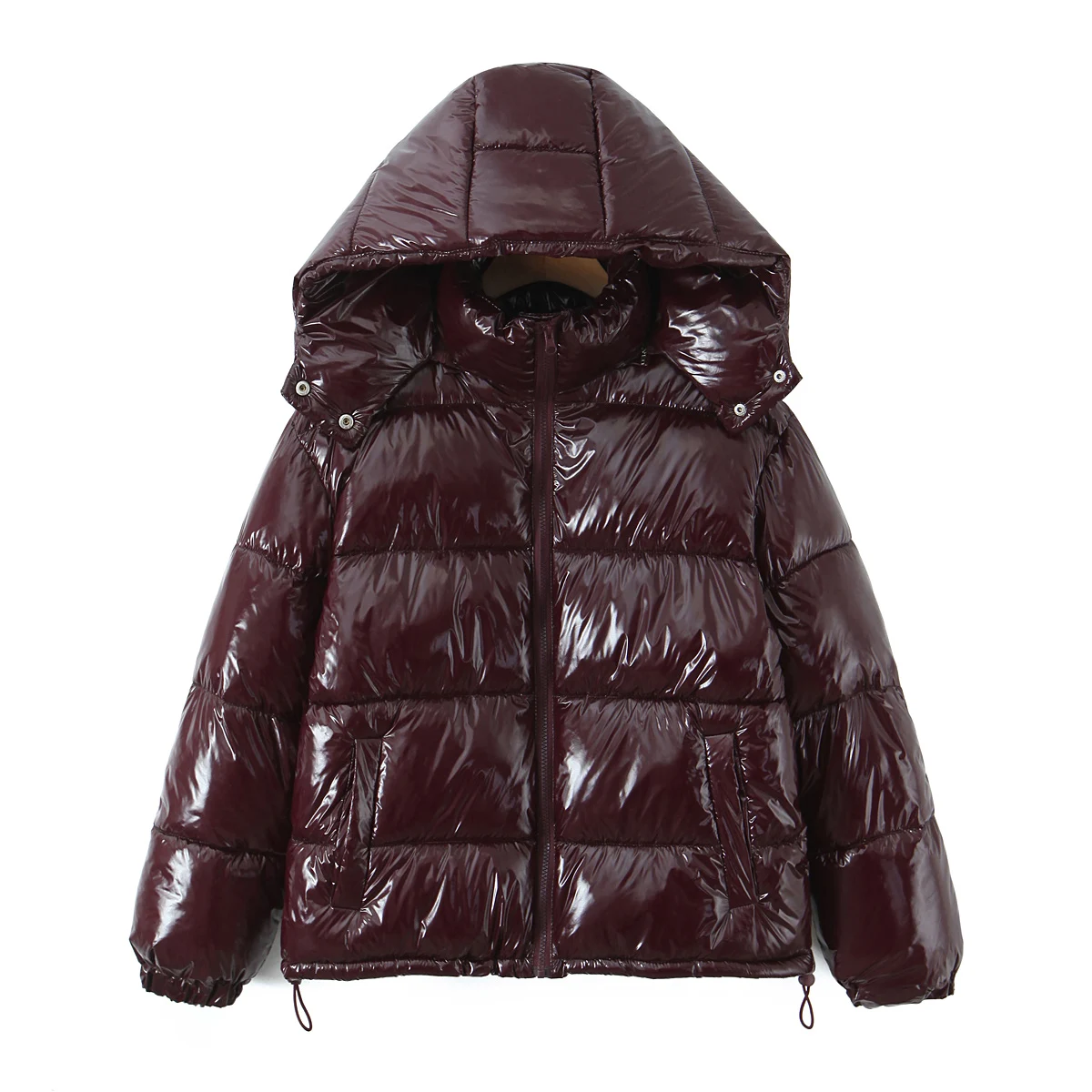 New Winter Fashion Women Bright Light Blue Zipper Up Bread Parka Coat Woman Stand Collar Removable Hooded Long Sleeve Outerwear
