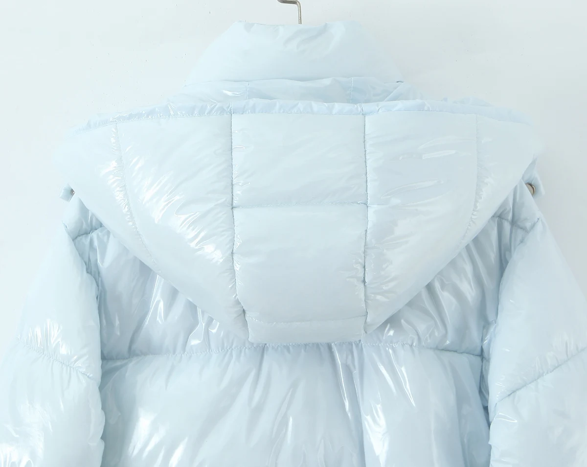 New Winter Fashion Women Bright Light Blue Zipper Up Bread Parka Coat Woman Stand Collar Removable Hooded Long Sleeve Outerwear