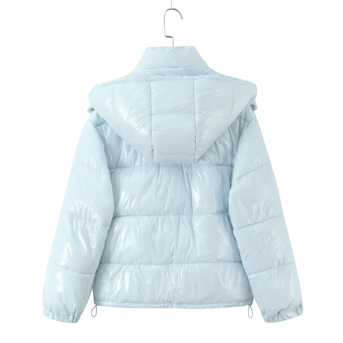 New Winter Fashion Women Bright Light Blue Zipper Up Bread Parka Coat Woman Stand Collar Removable Hooded Long Sleeve Outerwear