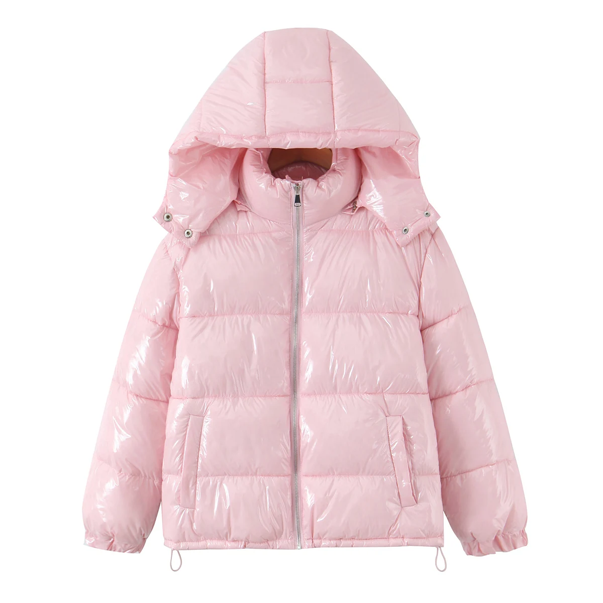 New Winter Fashion Women Bright Light Blue Zipper Up Bread Parka Coat Woman Stand Collar Removable Hooded Long Sleeve Outerwear