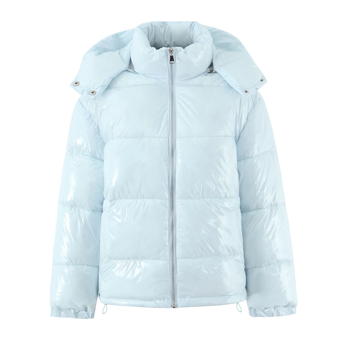 New Winter Fashion Women Bright Light Blue Zipper Up Bread Parka Coat Woman Stand Collar Removable Hooded Long Sleeve Outerwear