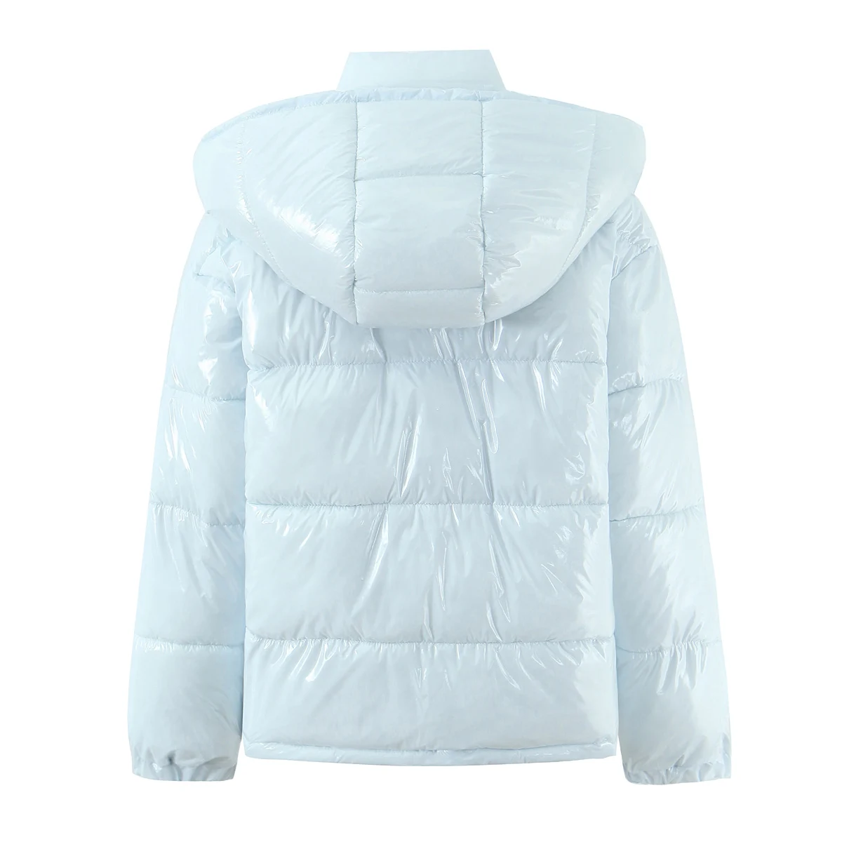New Winter Fashion Women Bright Light Blue Zipper Up Bread Parka Coat Woman Stand Collar Removable Hooded Long Sleeve Outerwear