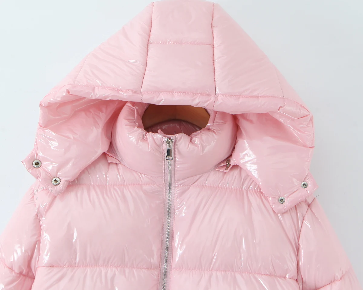 New Winter Fashion Women Bright Light Blue Zipper Up Bread Parka Coat Woman Stand Collar Removable Hooded Long Sleeve Outerwear