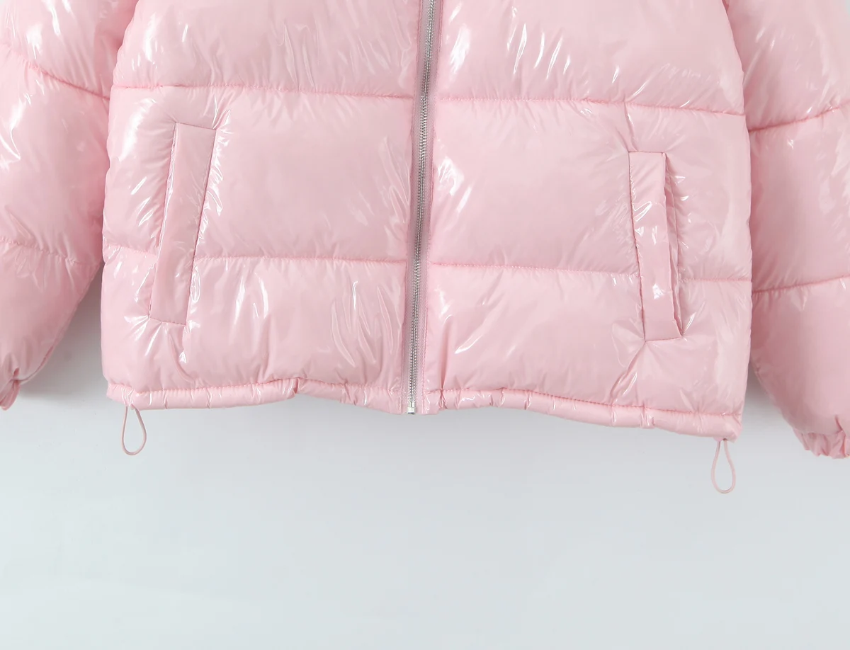 New Winter Fashion Women Bright Light Blue Zipper Up Bread Parka Coat Woman Stand Collar Removable Hooded Long Sleeve Outerwear