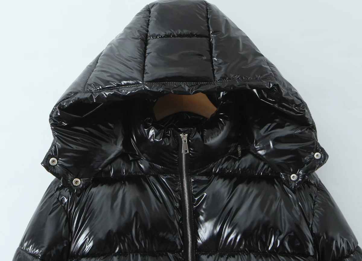New Winter Fashion Women Bright Light Blue Zipper Up Bread Parka Coat Woman Stand Collar Removable Hooded Long Sleeve Outerwear