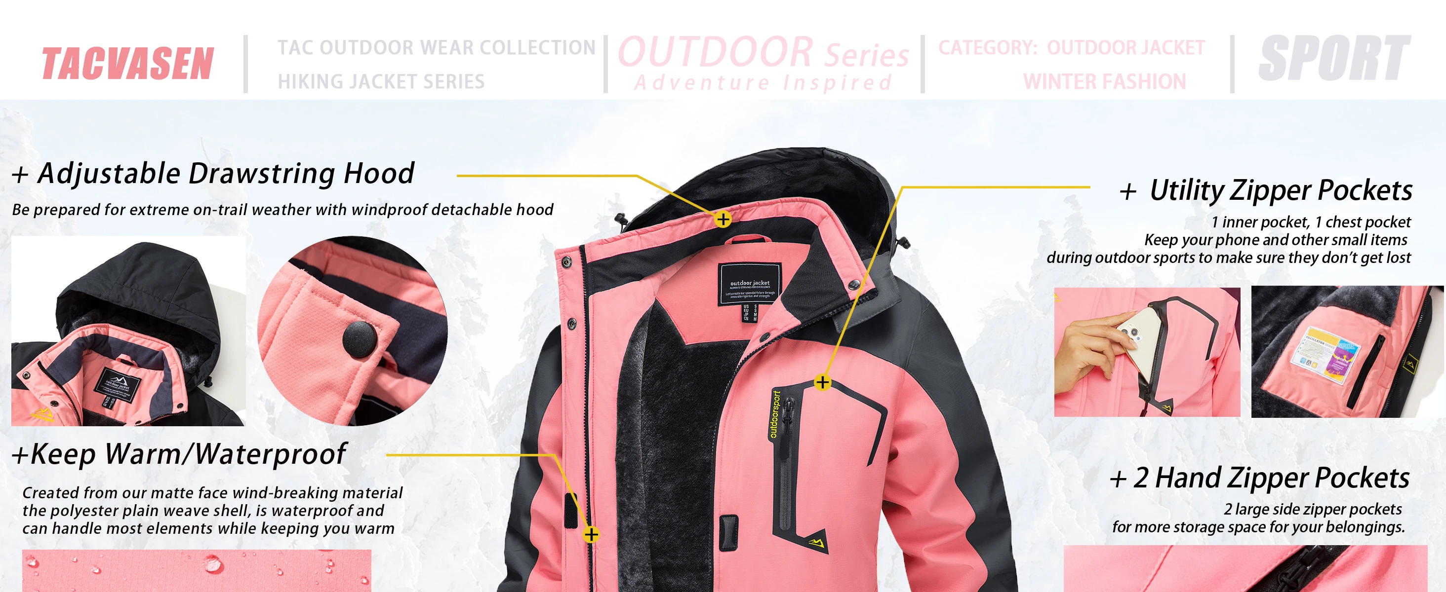 TACVASEN Women Winter Waterproof Ski Parka Jacket Thermal Fleece Windproof Casual Work Jacket Padded Snow Down Coat With Pockets