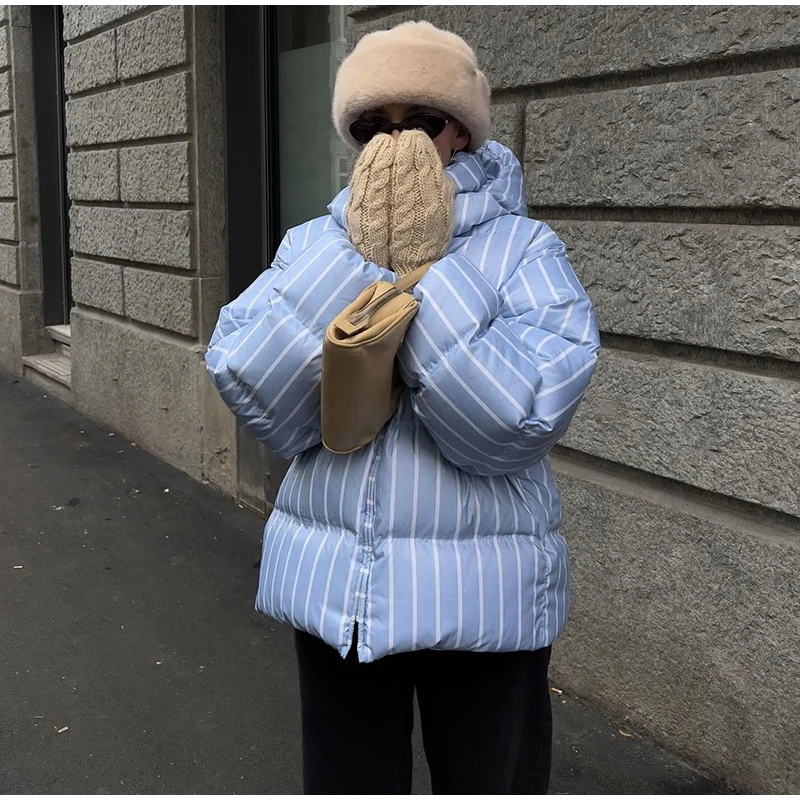 Upgraded Larger Thicker Women's Cotton Coat Striped Hooded Single Breasted Long Sleeve 2026 New Casual Female Coats Loose Outfit