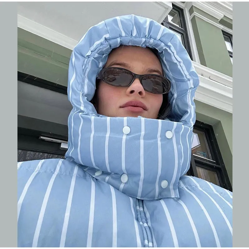 Upgraded Larger Thicker Women's Cotton Coat Striped Hooded Single Breasted Long Sleeve 2026 New Casual Female Coats Loose Outfit