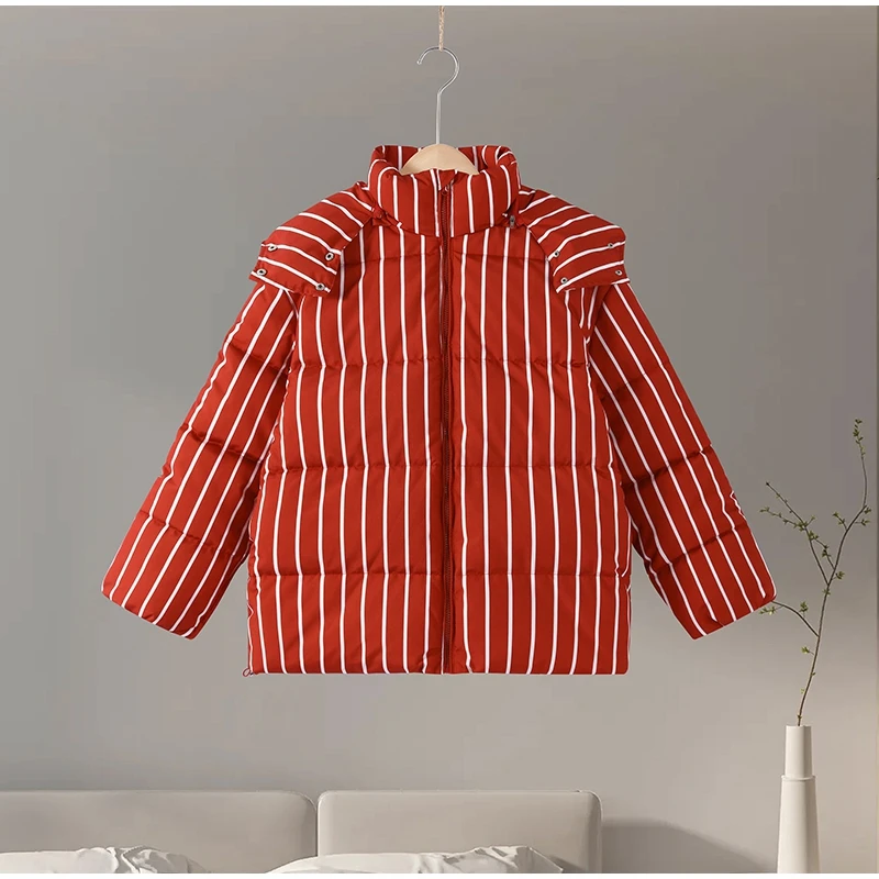 Upgraded Larger Thicker Women's Cotton Coat Striped Hooded Single Breasted Long Sleeve 2026 New Casual Female Coats Loose Outfit