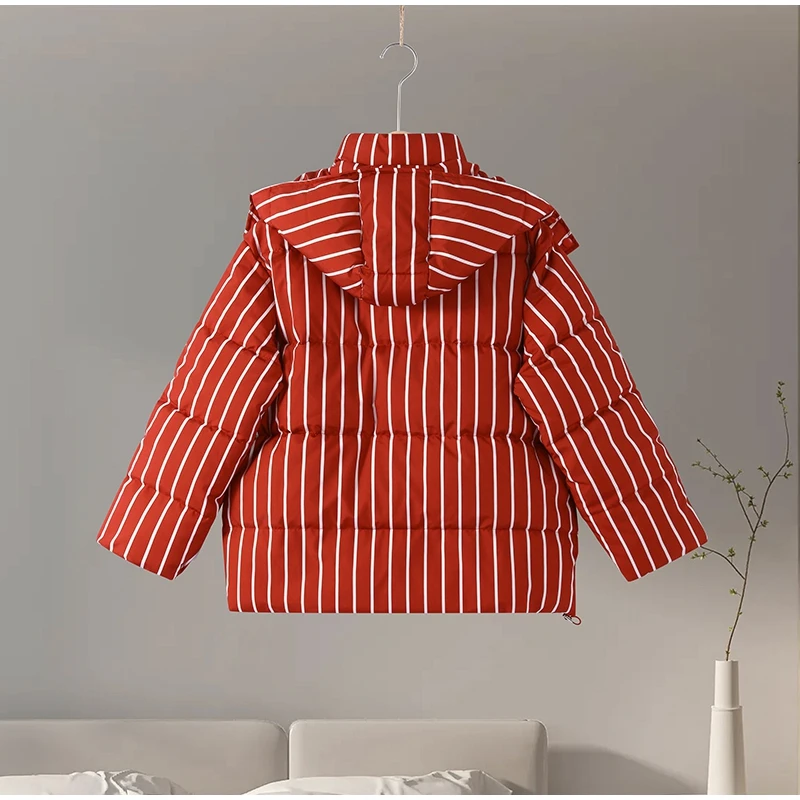 Upgraded Larger Thicker Women's Cotton Coat Striped Hooded Single Breasted Long Sleeve 2026 New Casual Female Coats Loose Outfit