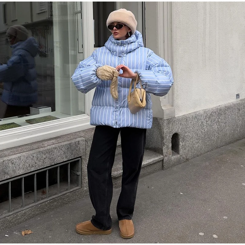 Upgraded Larger Thicker Women's Cotton Coat Striped Hooded Single Breasted Long Sleeve 2026 New Casual Female Coats Loose Outfit