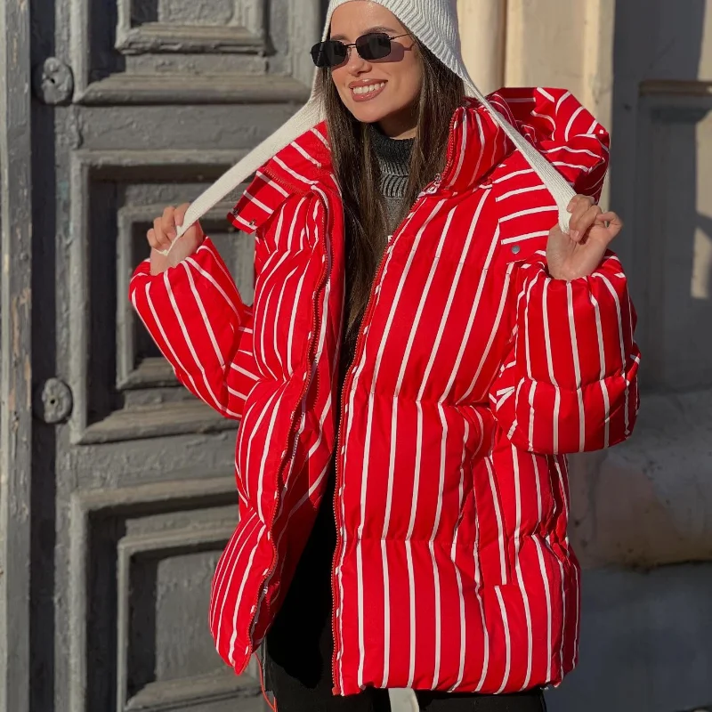 Upgraded Larger Thicker Women's Cotton Coat Striped Hooded Single Breasted Long Sleeve 2026 New Casual Female Coats Loose Outfit