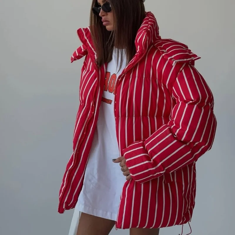 Upgraded Larger Thicker Women's Cotton Coat Striped Hooded Single Breasted Long Sleeve 2026 New Casual Female Coats Loose Outfit