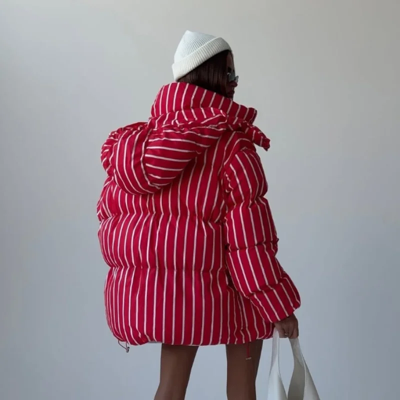 Upgraded Larger Thicker Women's Cotton Coat Striped Hooded Single Breasted Long Sleeve 2026 New Casual Female Coats Loose Outfit