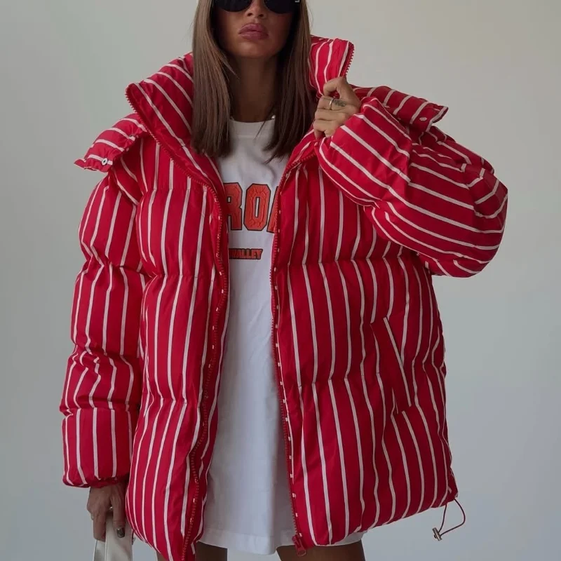 Upgraded Larger Thicker Women's Cotton Coat Striped Hooded Single Breasted Long Sleeve 2026 New Casual Female Coats Loose Outfit