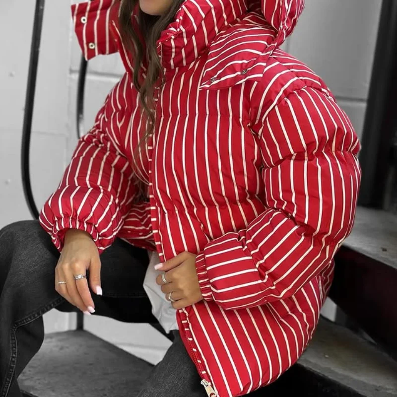 Upgraded Larger Thicker Women's Cotton Coat Striped Hooded Single Breasted Long Sleeve 2026 New Casual Female Coats Loose Outfit