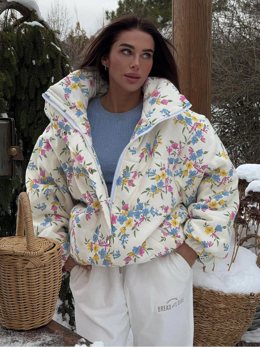 Wolfeel New Women's Puffer Jacket Oversized Stand Up Collar Zipper Closure Floral Print Warm Cotton Filled Coat Autumn Winter