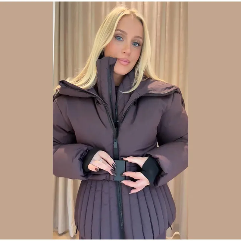 Women Peplum Ski Jackets Hooded Stand Collar Belt Waist Zipper Solid Puffer Jacket Fashion Sheath Warm Sport Winter 2025 Skiwear