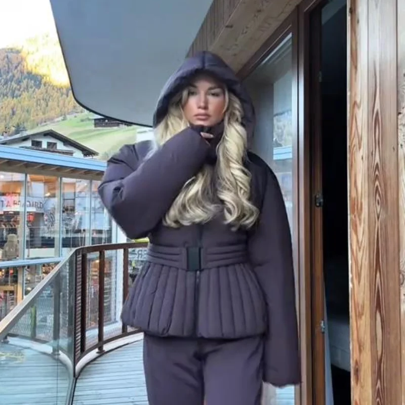Women Peplum Ski Jackets Hooded Stand Collar Belt Waist Zipper Solid Puffer Jacket Fashion Sheath Warm Sport Winter 2025 Skiwear