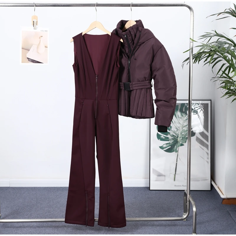 Women Peplum Ski Jackets Hooded Stand Collar Belt Waist Zipper Solid Puffer Jacket Fashion Sheath Warm Sport Winter 2025 Skiwear