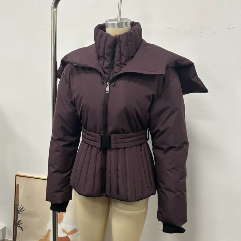 Women Peplum Ski Jackets Hooded Stand Collar Belt Waist Zipper Solid Puffer Jacket Fashion Sheath Warm Sport Winter 2025 Skiwear