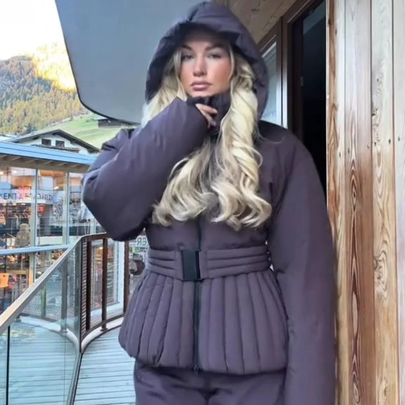 Women Peplum Ski Jackets Hooded Stand Collar Belt Waist Zipper Solid Puffer Jacket Fashion Sheath Warm Sport Winter 2025 Skiwear