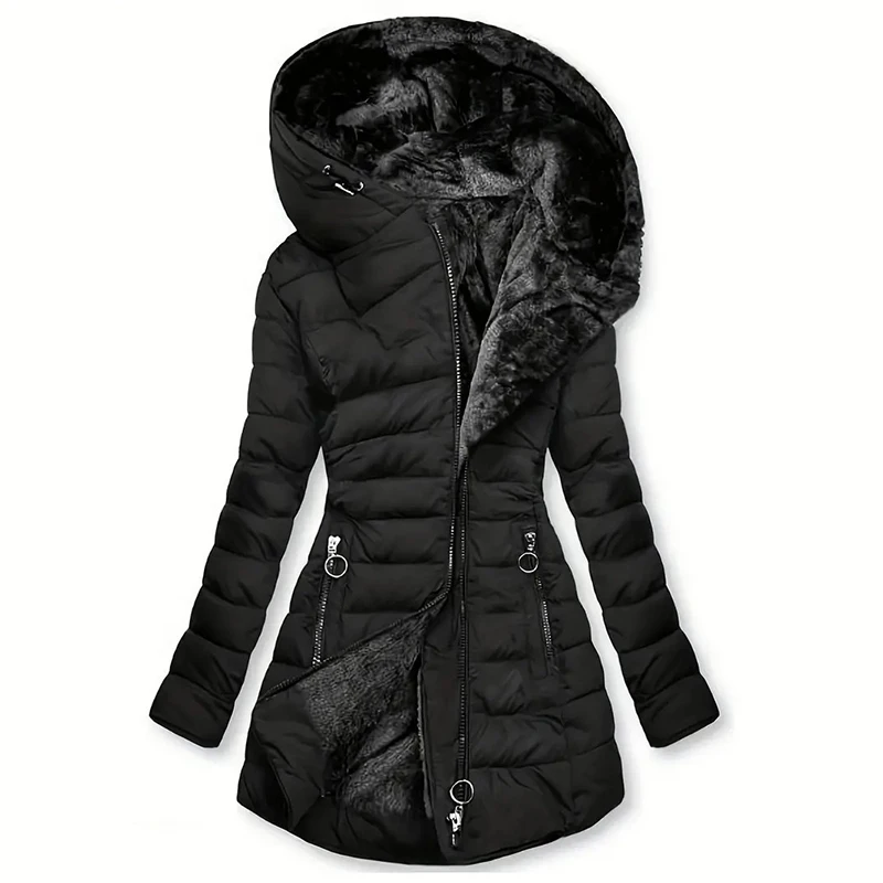 Women's Hooded Fleece Lined Jackets Long Sleeve Cotton Padded Winter Fit Warm Medium Length Coat Zip Up Stylish Women's Clothing