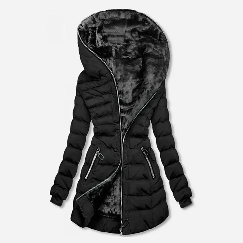 Women's Hooded Fleece Lined Jackets Long Sleeve Cotton Padded Winter Fit Warm Medium Length Coat Zip Up Stylish Women's Clothing