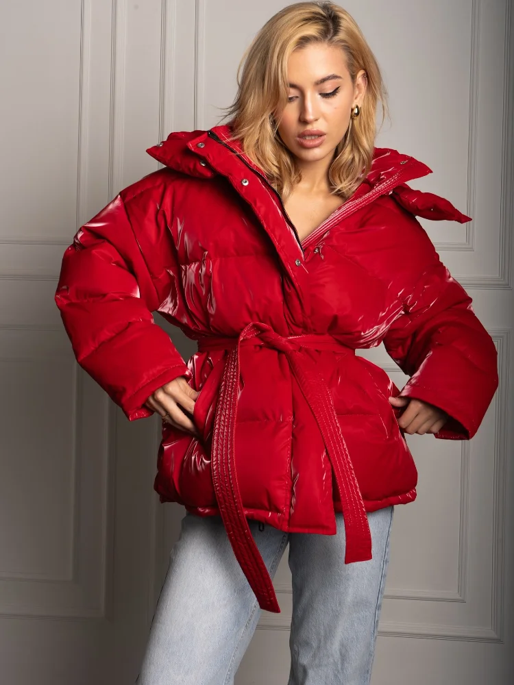 Women's Glossy Autumn Winter Hooded Cotton Padded Jacket Loose Long Sleeve Lace Up Warm Coat 2025 New Lady Fashion Party Outwear