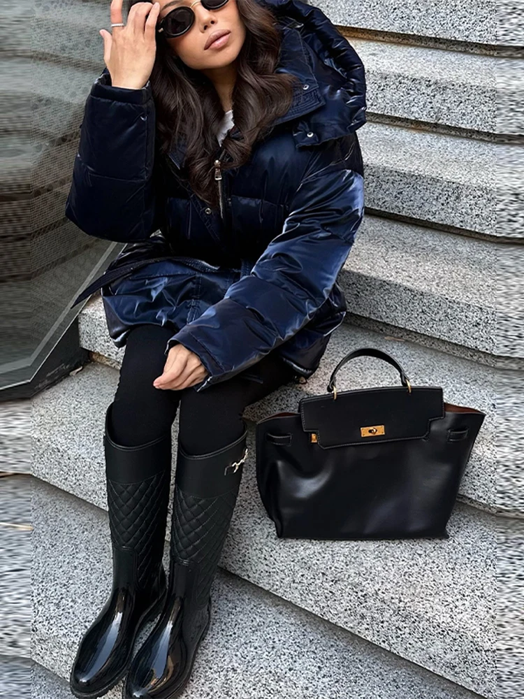 Women's Glossy Autumn Winter Hooded Cotton Padded Jacket Loose Long Sleeve Lace Up Warm Coat 2025 New Lady Fashion Party Outwear