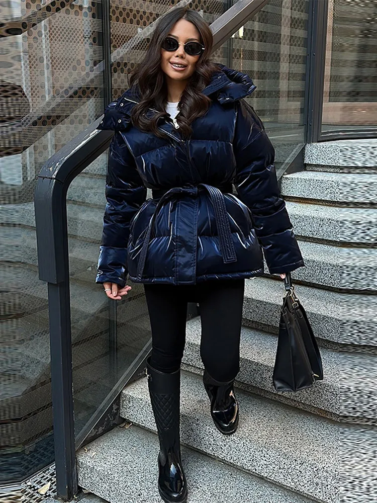 Women's Glossy Autumn Winter Hooded Cotton Padded Jacket Loose Long Sleeve Lace Up Warm Coat 2025 New Lady Fashion Party Outwear