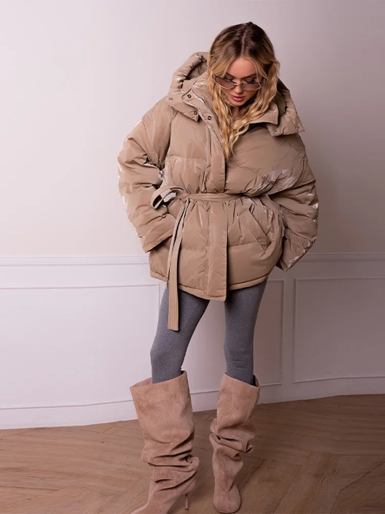 Women's Glossy Autumn Winter Hooded Cotton Padded Jacket Loose Long Sleeve Lace Up Warm Coat 2025 New Lady Fashion Party Outwear