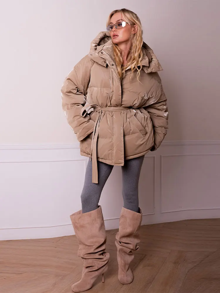 Women's Glossy Autumn Winter Hooded Cotton Padded Jacket Loose Long Sleeve Lace Up Warm Coat 2025 New Lady Fashion Party Outwear